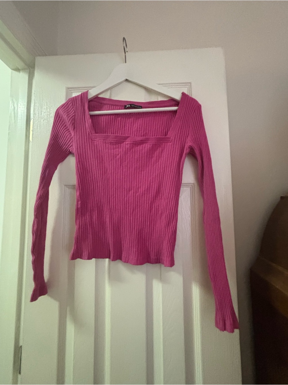Zara Ribbed Square-Neck Long Sleeve Top - Fuchsia Pink
